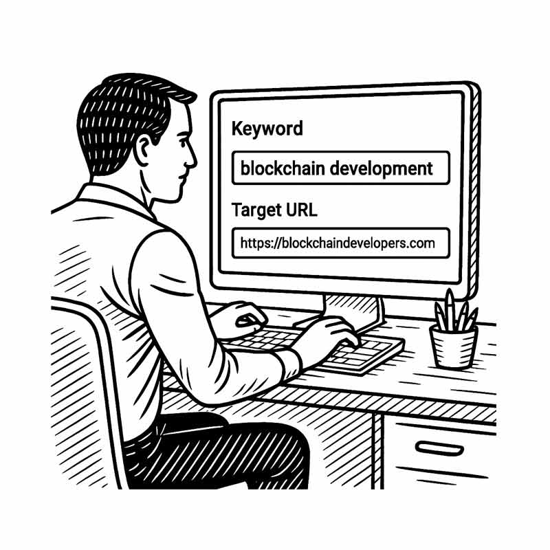 Man adding keyword and website URL to Backlink Brothers