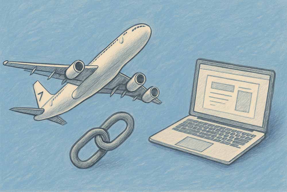 Backlinks for travel and tourism with plane, link and laptop